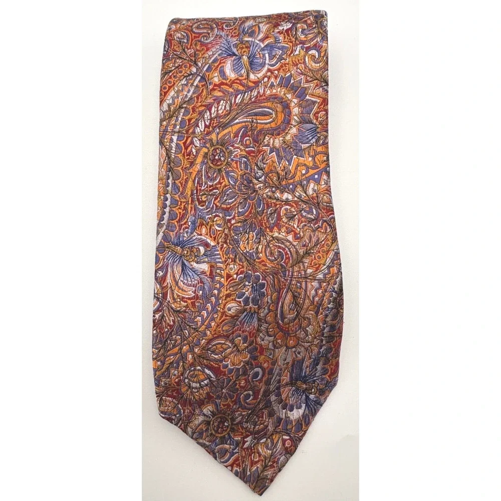 Seven Fold Mens Silk Tie Orange Purple Gold Paisley Floral Brocade Woven Luxury